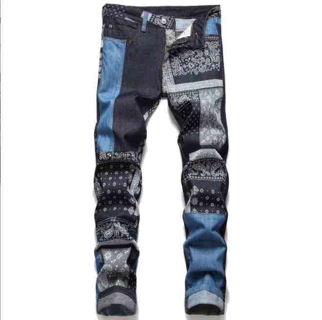 

New straight slim fit splicing color matching denim pants fashion brand jeans men, Indigo