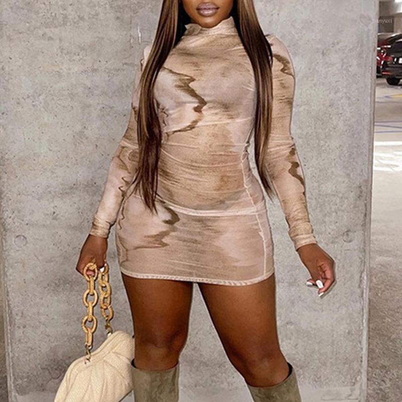 

Casual Dresses Aesthetic Gradient Print Women Sexy Mesh Spring Autumn Turtleneck Long Sleeve Y2k Bodycon Mini Dress Female Wear, Khaki