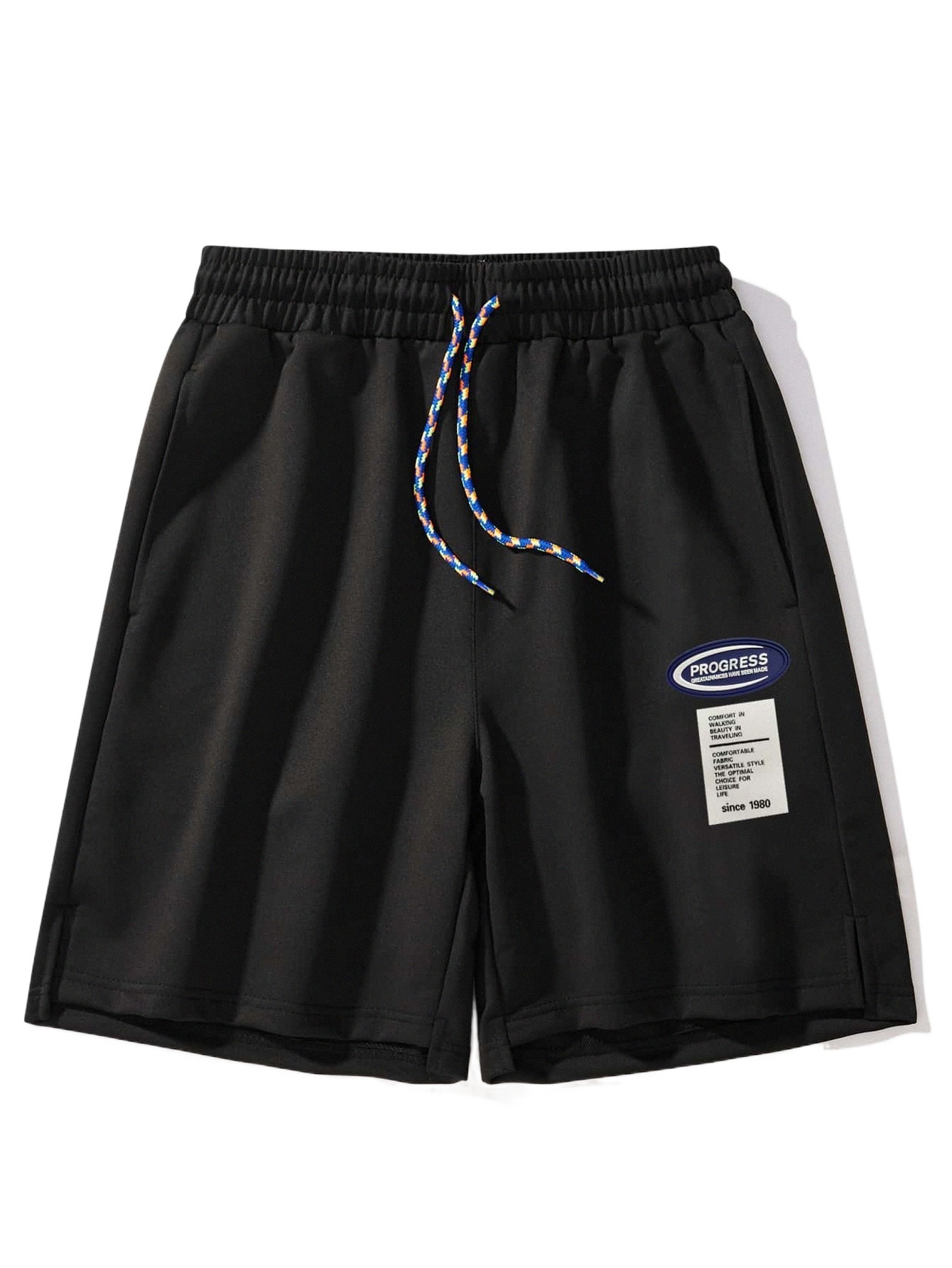

men Patch Detail Drawstring Waist Split Hem Shorts v9cI#, Black