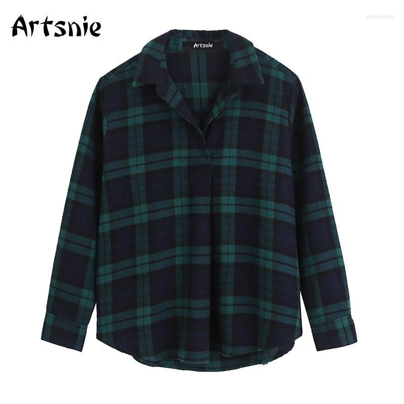

Women's Blouses & Shirts Artsnie Vintage Plaid Shirt Women Winter 2022 Turn Down Collar Long Sleeve Blouse Tops Female Streetwear Green Blus