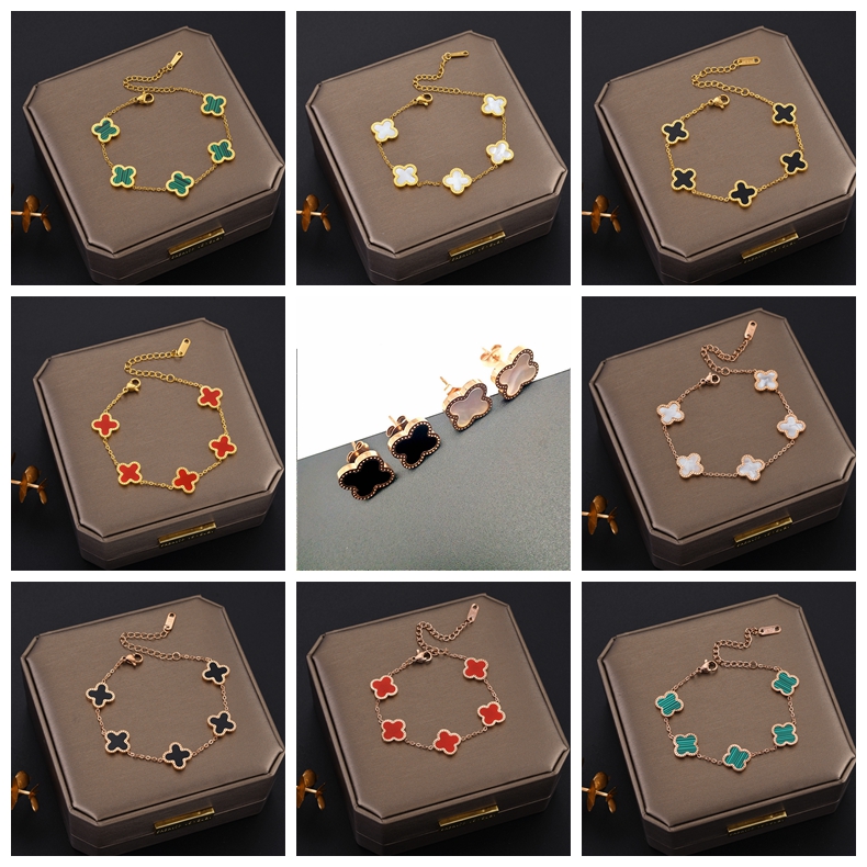 

Lucky Four Leaf Clover Flower Charm Bracelet Rose Gold Stainless Steel Engagement Earring Necklace Jewelry for Women Gift