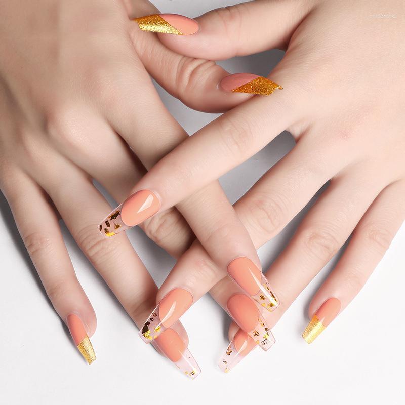 

False Nails 24Pcs/Set Orange Nail Long French Fake Detachable Ballet Coffin Tips With Gold Leaf Press On Art Tool Prud22