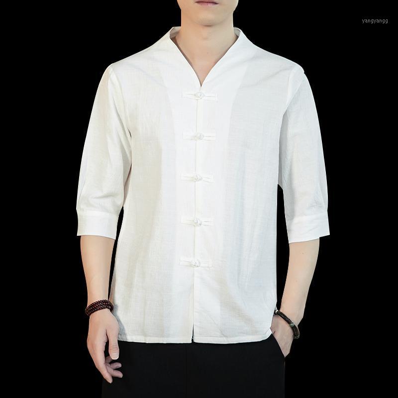 

Summer Linen Shirt Male Loose Large Size Chinese Style Cotton And Three Quarter Sleeve Shirts 5XL Men's Casual, 066 gray