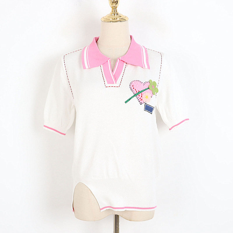 

602 L 2022 Runway Summer Brand Same Style Sweater Lapel Neck Short Sleeve White T Shirt Women' Sweaters meiyi, Customize