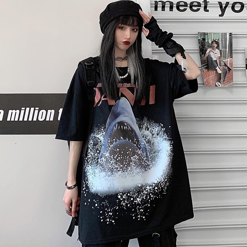 

Women's T-Shirt Woman Tshirts Harajuku Street Dark Spoof Cartoon Print Loose Short-sleeved Ladies Clothing Top Vetement Femme, Black