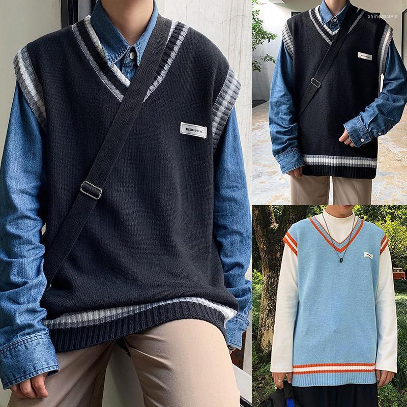 

Men' Vests Sweater Vest Men V-neck Patchwork Knitted Pullovers Couples Oversize Harajuku Korean Style Student Autumn Winter VestsMen' Phin, Green