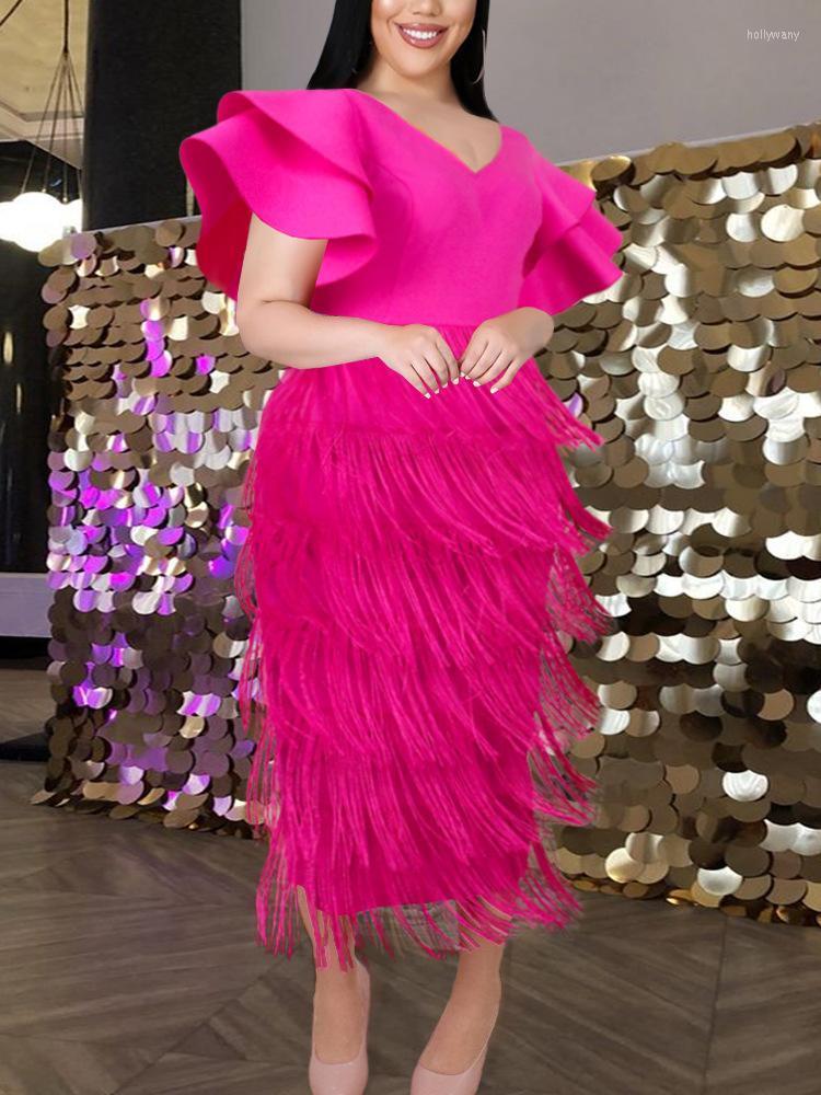 

Plus Size Dresses IDress Women Clothing Summer Elegant Evening Wedding Party Ladies For Special Occasions Rose Pink Tassel DressPlus Holl22, Fuchsia