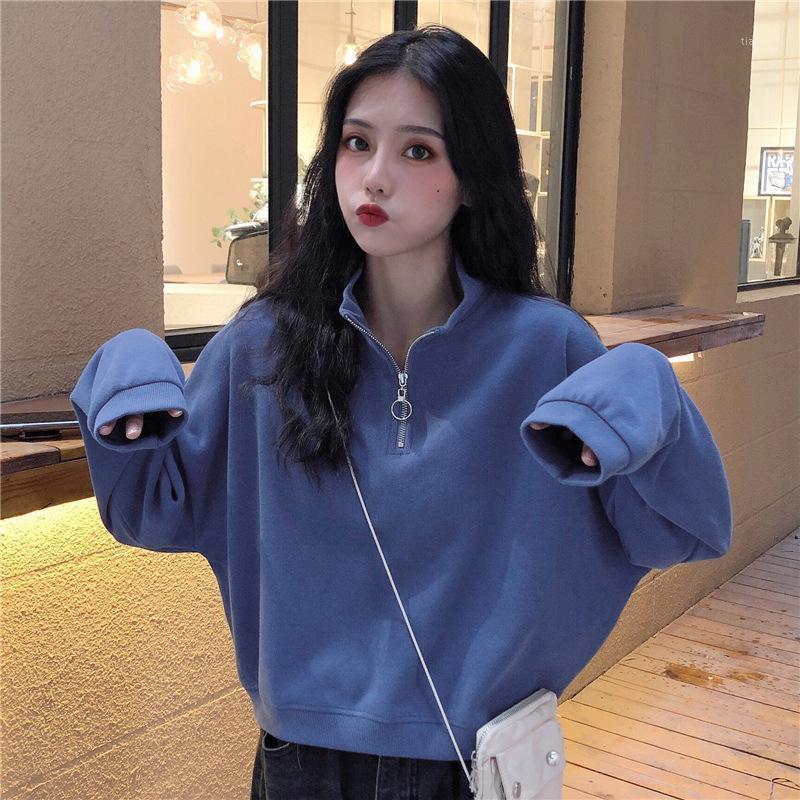 

Autumn Spring Women Hoodies Soild Fashion Short Pullovers Silm Designed Long Sleeve Stand Collor Female Cool Tops Zipper Women's & Sweatshir, Blue