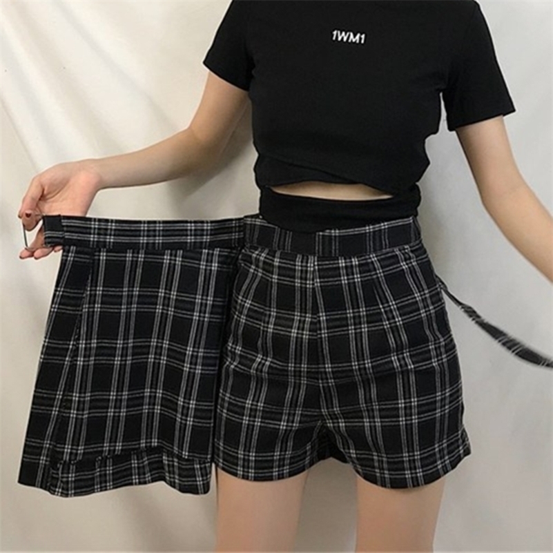 

ELEXS Summer Skirt Women High Waist Plaid ALine Skirt Casual Fashion Kawaii Student Skirts Shorts E2119 Y200326, Black