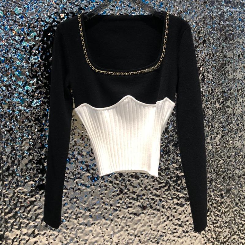 

Women' Knits & Tees 2022 Autumn Patchwork Fashion Vintage T Shirt Black Women Square Neck Aesthetic Korean Long Sleeve Crop Top Perf22