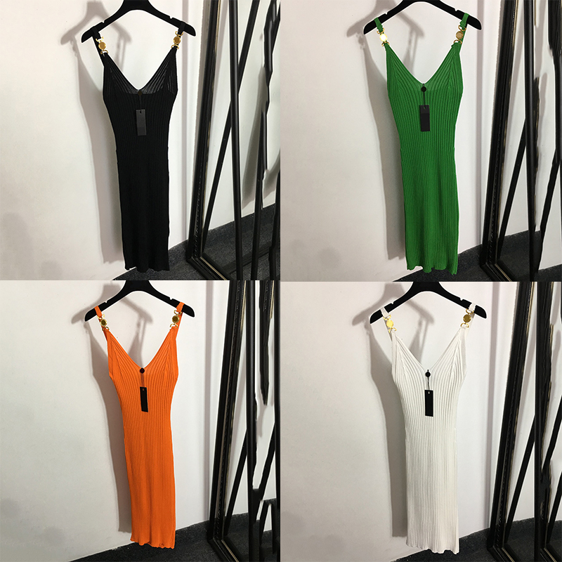 

Women V Neck Sling Dresses Portrait Designer Knit Skirts 4 Colors Elegant Charm Dress, Green