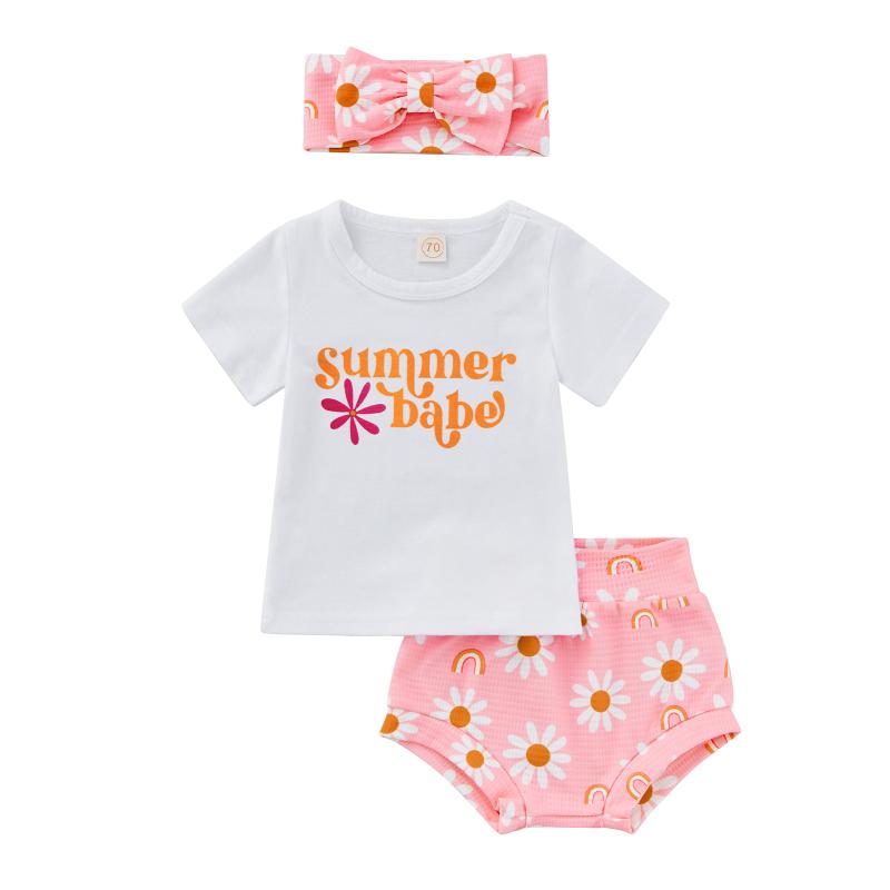

Clothing Sets Baby Girls Three-piece Pants Suit White T-shirt Pink Flower Print Shorts And Headdress 0-12 MonthsClothing, As pic