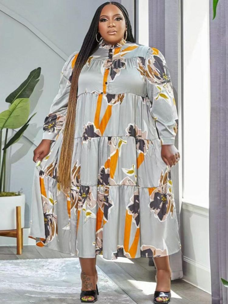 Robes de grande taille 4XL, vêtements pour femmes, Robes à volants en cascade, imprimé, ample, Style de rue, décontracté, grande robe Maxi, print