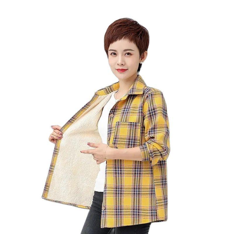

Women's Blouses & Shirts Middle-Aged Mother's Winter Clothing Add Velvet Plaid Shirt Thickened Warm Bottoming Long-Sleeved Women's J, Orange