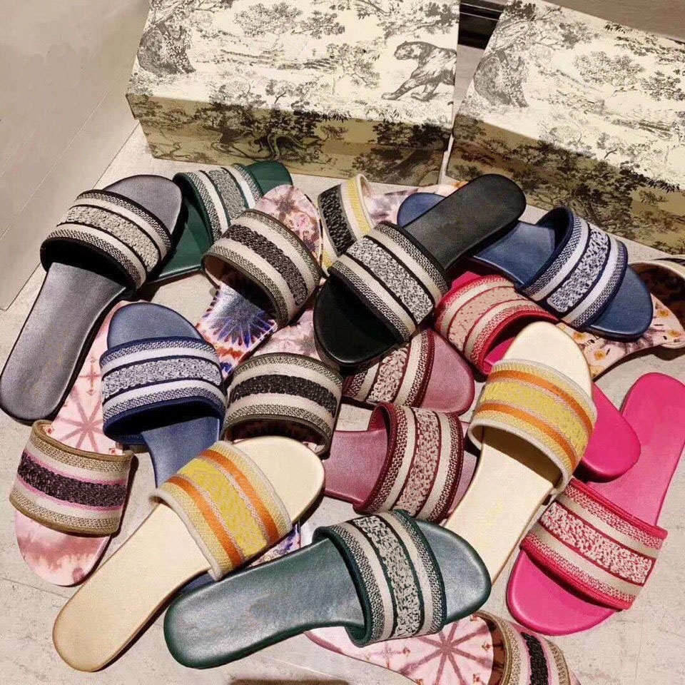 

Paris Embroidered Dazzle slipper women ladies scuffs summer beach striped causal flip flops flat Slide Slippers sandals Designers Embroidery letters Slides, Purple