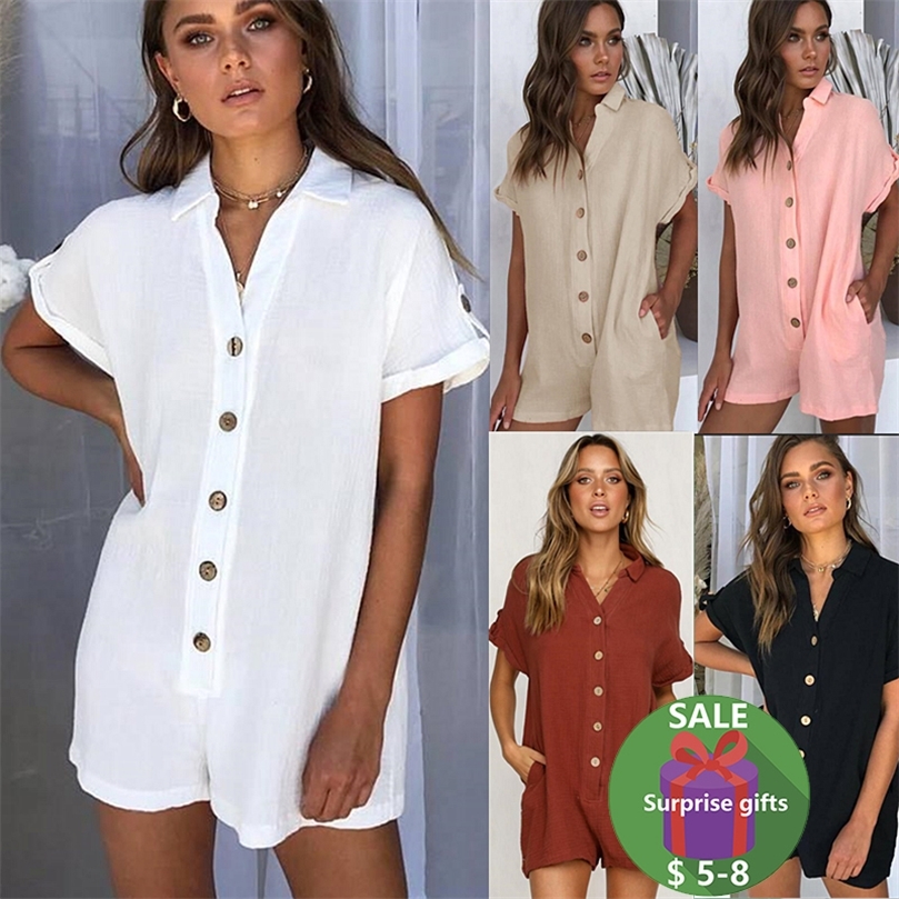

Fashion women s summer solid color lapel shirt button jumpsuit short sleeved blended low waist bohemian lady straight hot pants T200704, Black