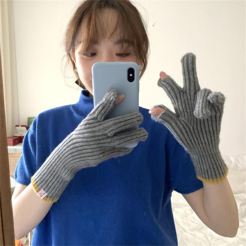 

Five Fingers Gloves Pure Color Show Finger Knitted Woolen Women Men Autumn Winter Thick Warm Riding Split Touch Screen