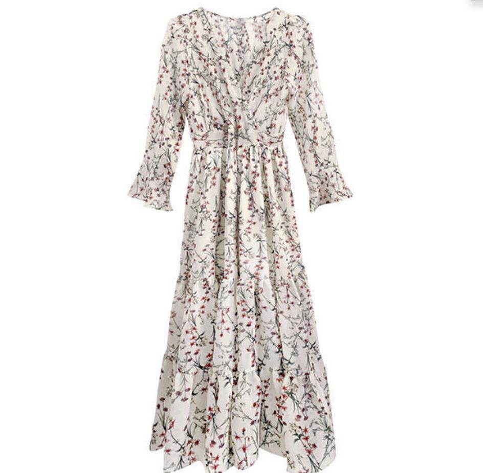 Robe longue à imprimé Floral pour femmes, grande taille, manches longues, Vintage, col en V, Sexy, tenue de plage décontractée