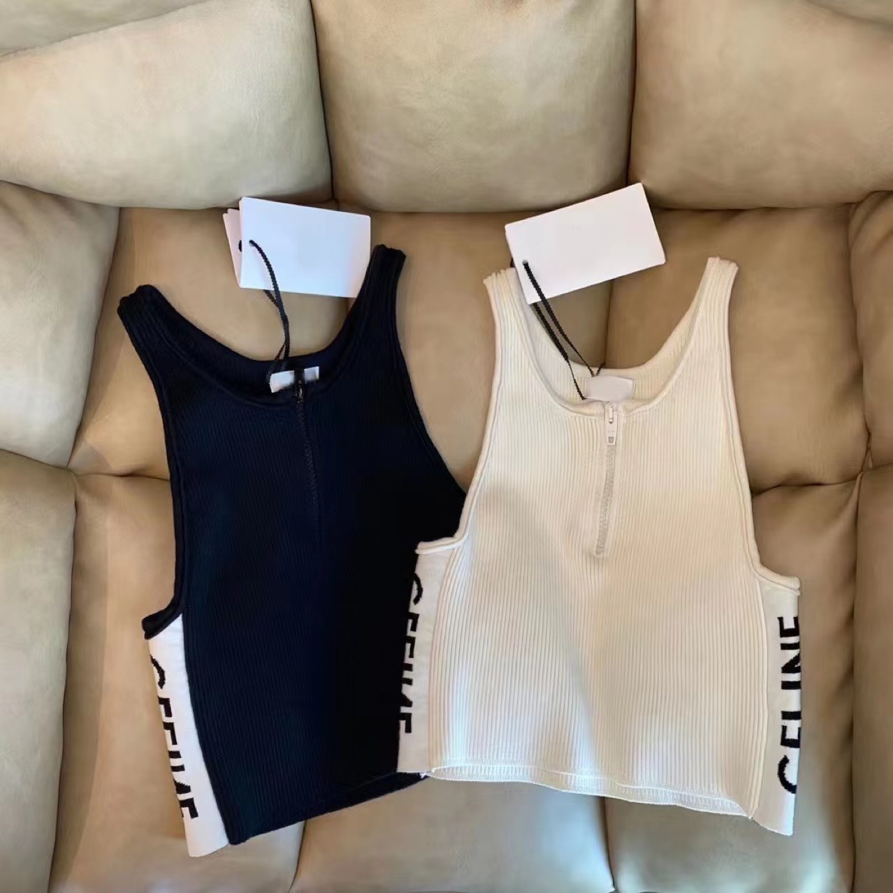 

2022 Summer Half Zipper Knit Vest Stretch Crop Halter Top for Women, White