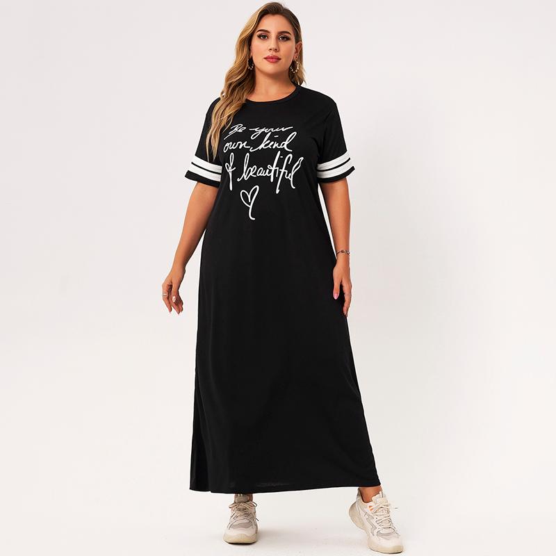 

Plus Size Dresses 2022 Summer Dress Women Black O-neck Letter Printing Stripe Splicing Short Sleeves Loose Casual Youth Maxi, As pic