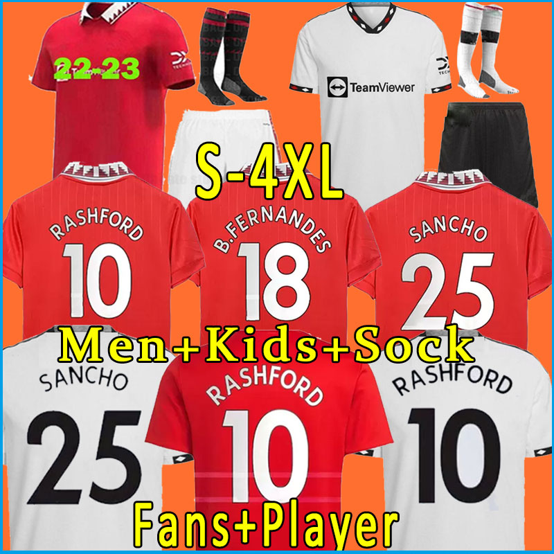 Taille S-4xl 22 23 Joueur Sancho # 7 Jerseys de football Rashford Man 2022 2023 Shirt Football Man Utd Pogba Cavani B. Fernandes Men Kids Kit Var