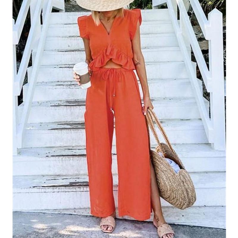 

Women' Two Piece Pants Sexy V-neck Ruffle Irregular Blouse Trousers Set Women Casual Top Wide Leg Pant Suit Female 2022 Summer Lady Outfits, Black