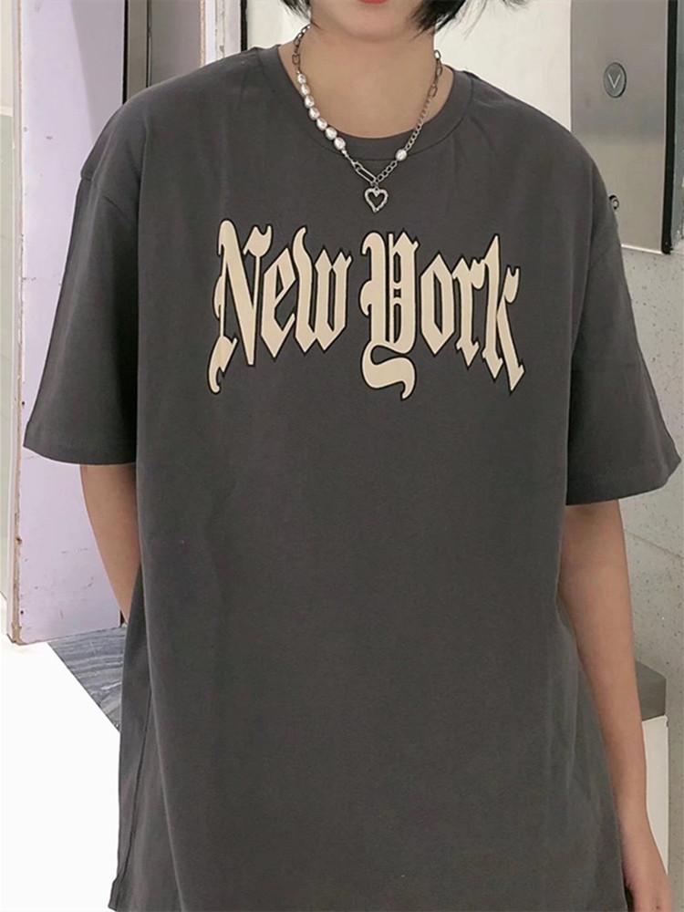 

Women's T-Shirt Women Vintage Tshirt Letter Print O Neck Short Sleeve 2022 Fashion Ladies Streetwear Tee Loose Female Casual TopsWomen's, Dark gray