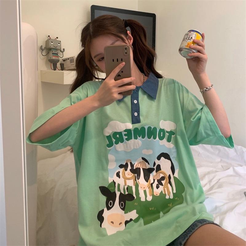 

Women's T-Shirt Summer Port Style Collar Short Sleeve Women T-shirts Creative Print Korean Versatile Trend Tops Large Size Cotton TeesWomen', Black