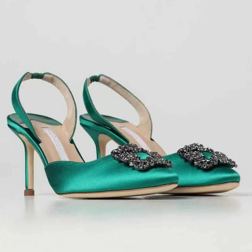 

Luxury Summer Brands Hangisli Sandals Shoes Women Satin Slingbacks Shiny Satin Crystal Jewels Buckle High Stiletto Heels Party Wedding Bridals
