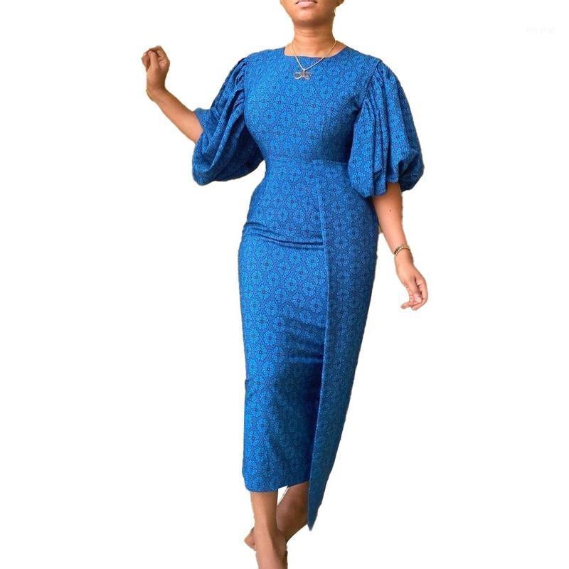 

Women Printed Dress Bodycon 3/4 Sleeve Elastic High Waist O-Neck Elegant Office Ladies Classy Work Wear Female Vestidos African Casual, Blue