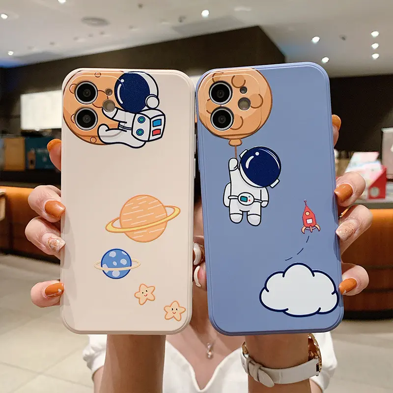 

Cute Couple Silicone Cases Spaceman Astronaut Casing Cover For iPhone 14 13 12 11 Pro Max Mini X XR XS 7 8 Plus Shockproof Camera Protection Back Cover, Blue