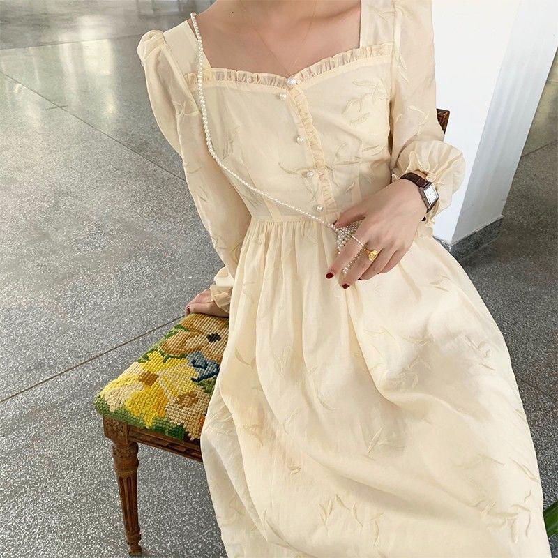 

Casual Dresses Midi Dress Women French Elegant Vintage Square Collar Long Puff Sleeve Party Chic Retro Korean 2022 Autumn Clothing, As picture