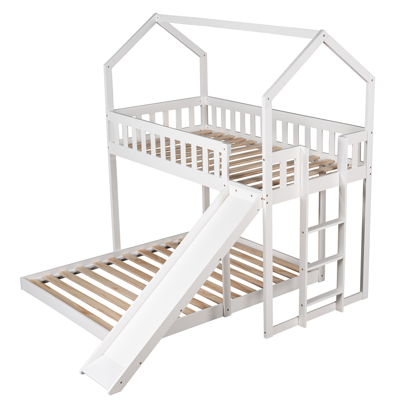 

Bedroom Furniture Twin over Full House Bunk Bed with Slide and Built-in Ladder Full-Length Guardrail white grey