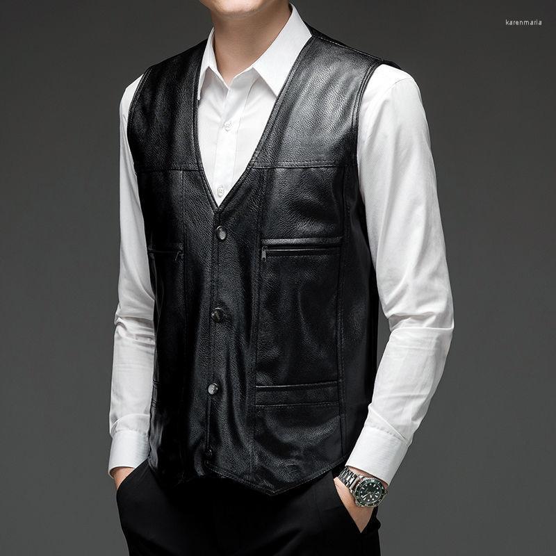 

Men's Vests 2022 Autumn And Winter Fleece Padded PU Leather Vest Kare22, Black