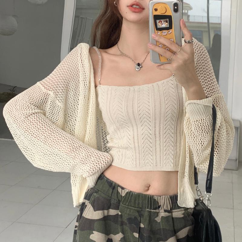 

Women's Knits & Tees Y2k Long Sleeve T-shirt Women Knitted Cardigan Hooded With Elastic Camis Tank Tops 2 Piece Korean FashionWomen's Olga22