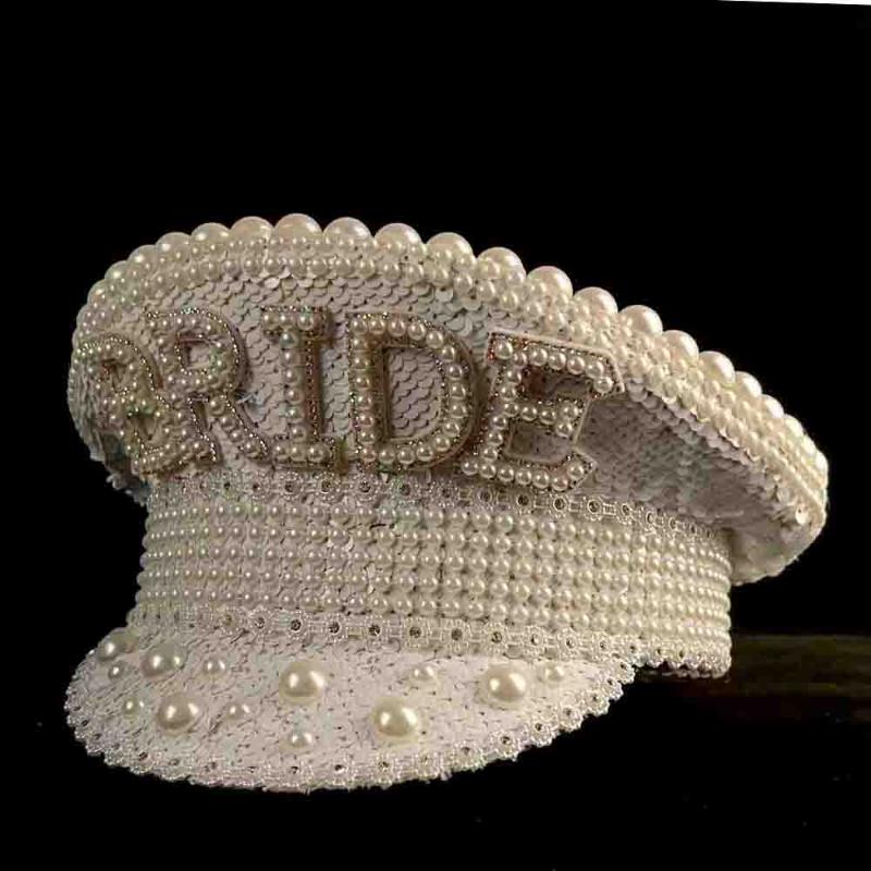 

Berets 3Size Women Sequin Burning Luxury Military Hat Handmade White Captain Sergeant Pearl Bride Festival Part HatBerets