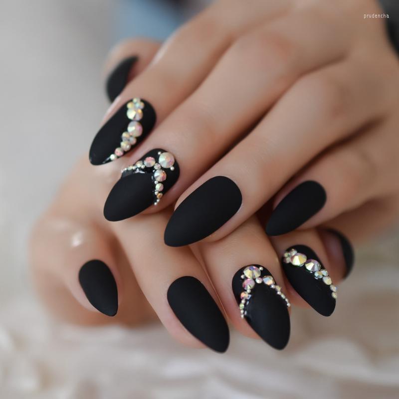 

False Nails Matte Customize Almond Fake Artificial Rhinestone Designed 3D Gem Chic Women White Black 24PCS Prud22, L5096