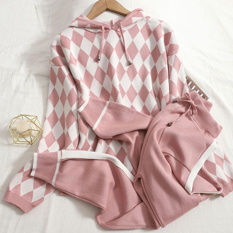 

Women's Two Piece Pants Knitted Carrot Pant 2 Sets Argyle Cropped Hooded Women Sweater + Big Pocket Harem Tracksuits, Pink