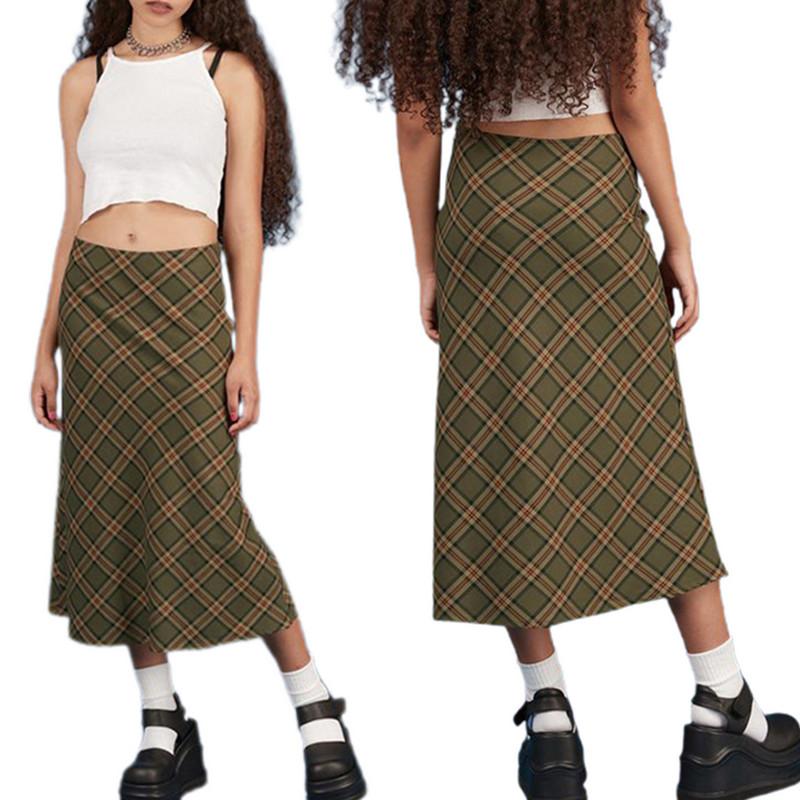 

Skirts Women Casual Long Skirt Dark Green Plaid Printed Pattern Close-fitting Dress / S/ M/ L/ XLSkirts