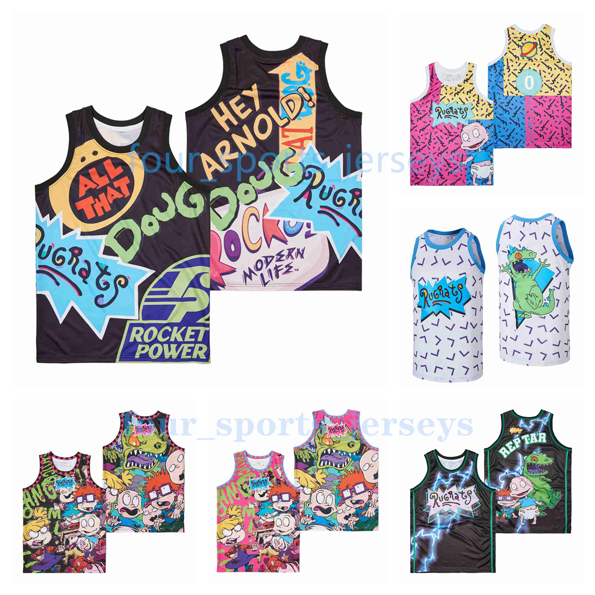 

NCAA Movie Basketball Jerseys Rugrats Reptar Men Size S--XXL High Quality White Black, As picture