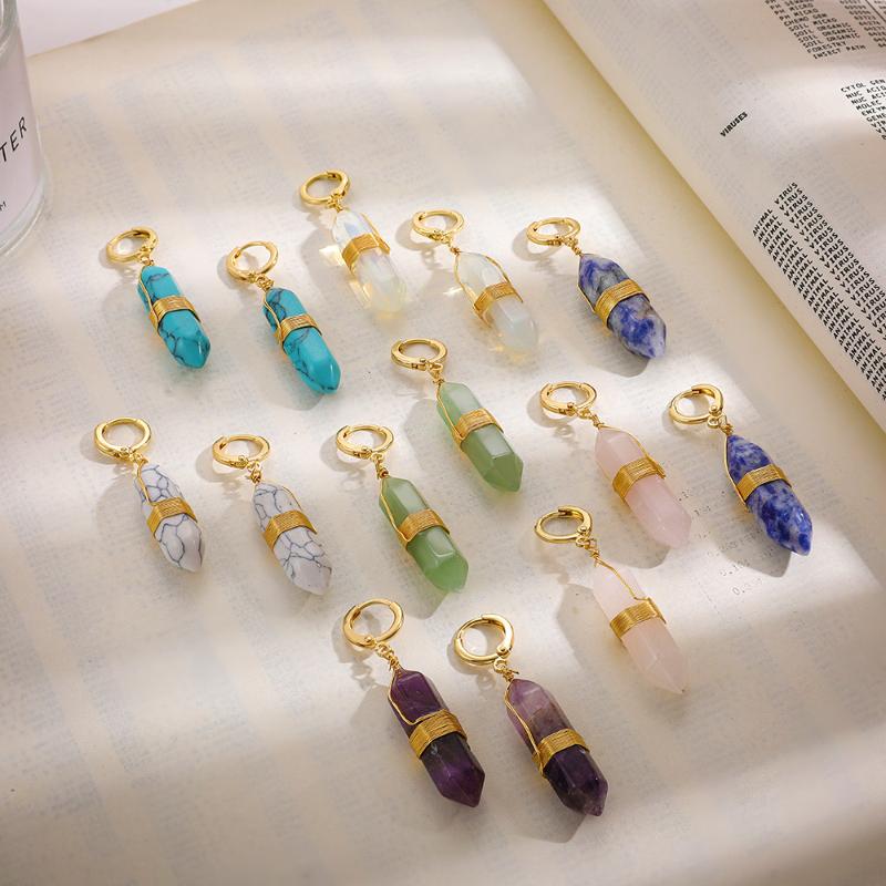 

Dangle & Chandelier Classic Natural Crystal Hexagonal Prism Pendants Copper Metal Wire-Wrap Earrings For Women Geometric Stone Drop EarringD