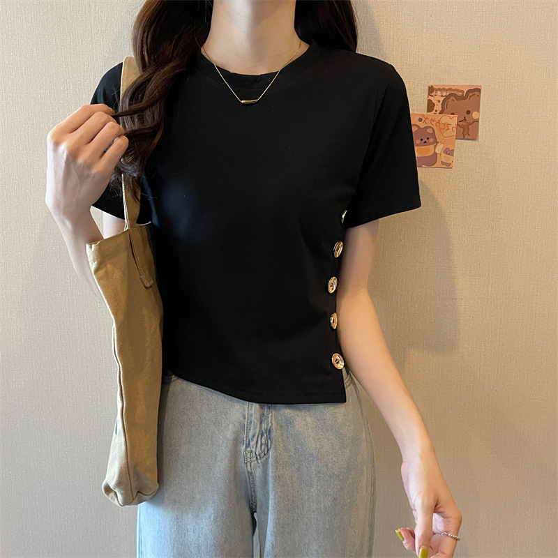

Women's T-Shirt Women Summer Short Sleeve Female Korean Fashion Clothing Buttons Black Crop Tops -XLWomen's Women'sWomen's