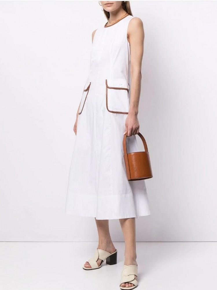 

Casual Dresses O Neck Summer Dress Simple Sleeveless Patchwork Big Pockets Slim Long For Women Hem White