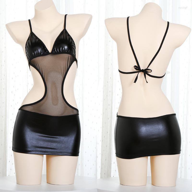 

Bras Sets Temperament And Interest Clothing Lingerie Sexy Lace Dew Lacquered Leather Queen Imitation Jumpsuit, Black