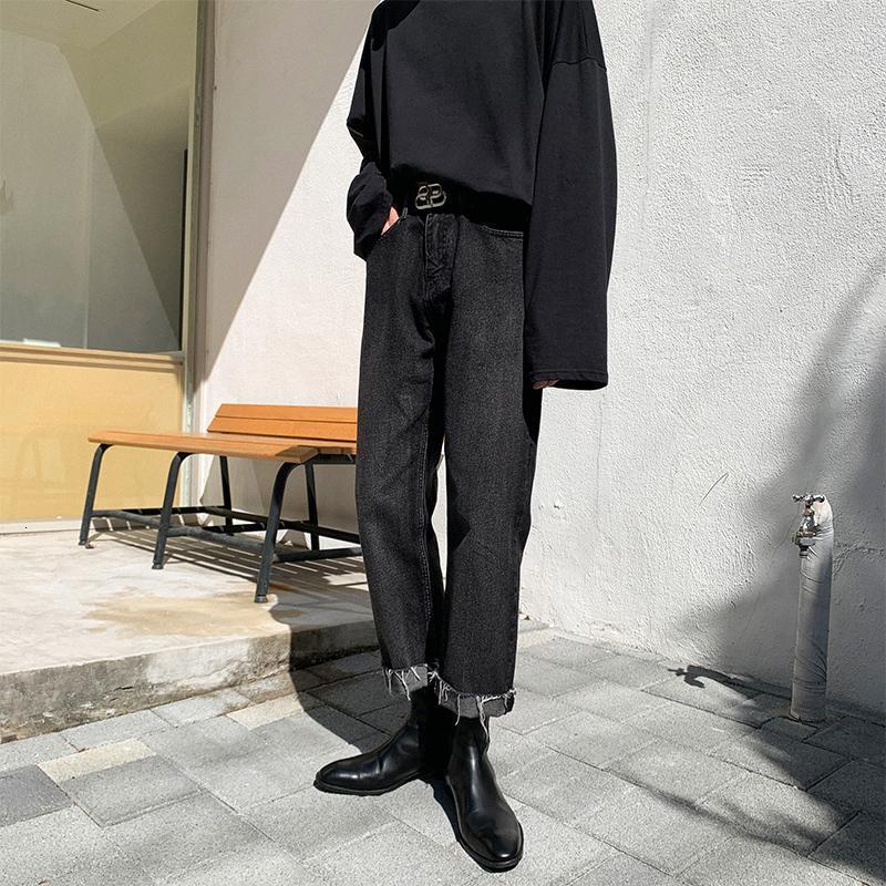 

Autumn And Winter Youth Hair Trim Slim Straight Jeans Fashion Casual Solid Color Nine Pants Tide Black -XL Men's