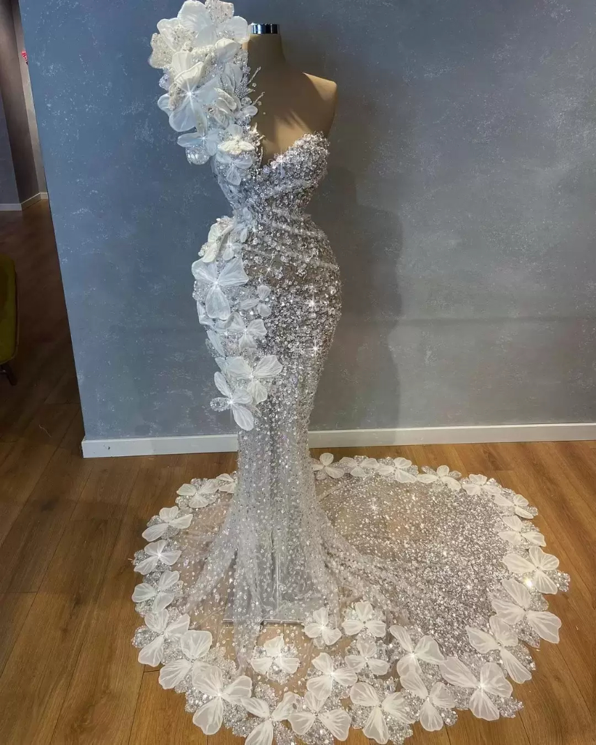 

Luxury 2022 Mermaid Wedding Dress One Shoulder Crystal Long Sequined Beaded Bridal Gowns Flower Appliqued Robe de, Dark navy