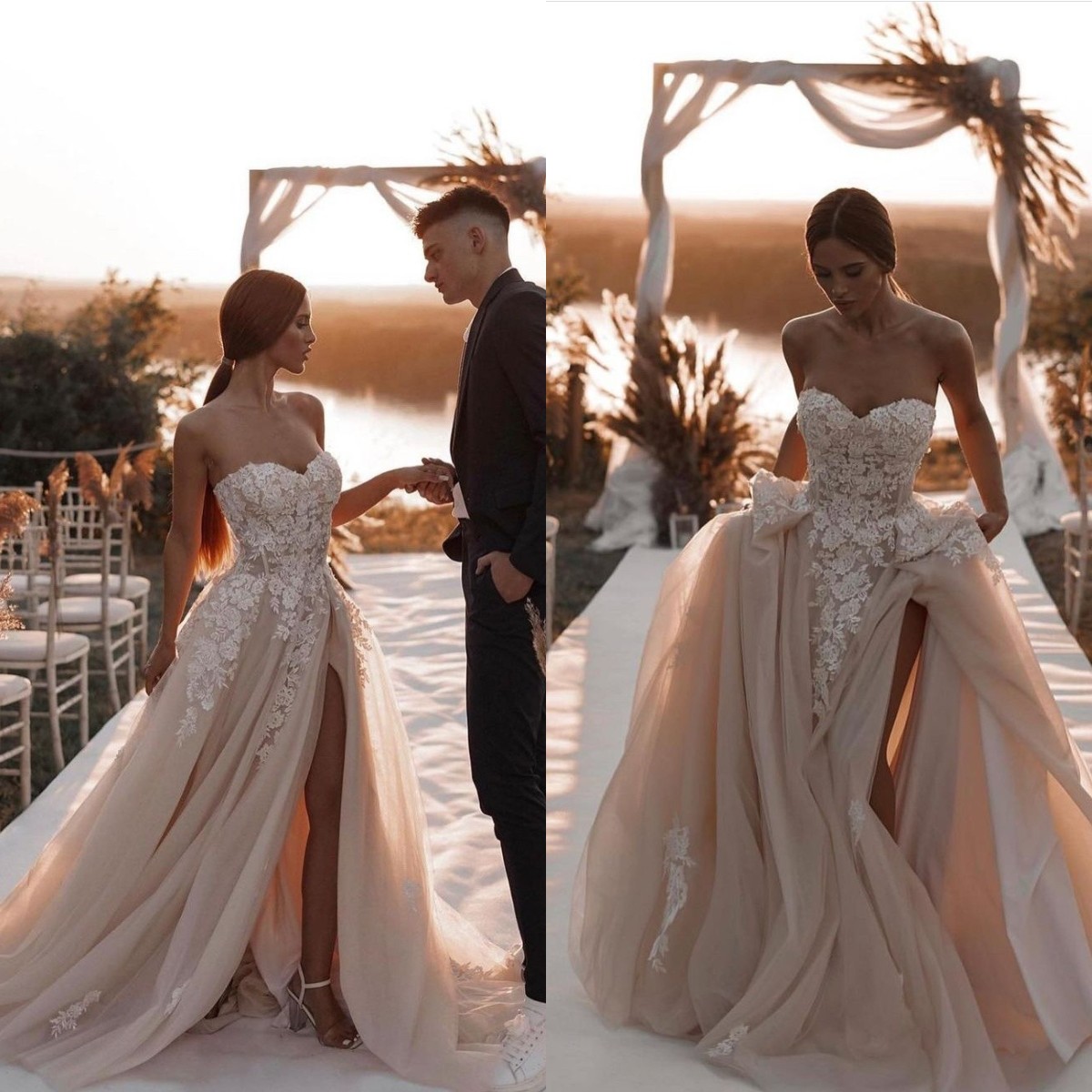 Boho Wedding Dresses Sexy High Split 2022 Bridal Gowns Sweetheart Tulle Beach vestidos de novia Second Reception Dress