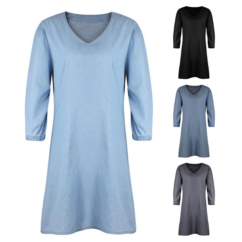 

Party Dresses Women Casual Solid Color VNeck Half Sleeve Elastic Cuff Loose Denim Dress Club Jeans Bandage Bodycon, Black