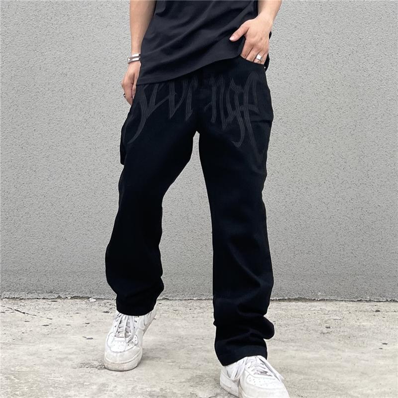 

Men' Jeans Clothes Men' Black Fashion Streetwear Embroidery Low Rise Baggy Denim Pants Men Straight Hip Hop Jean Trousers MaleMen, Black regular