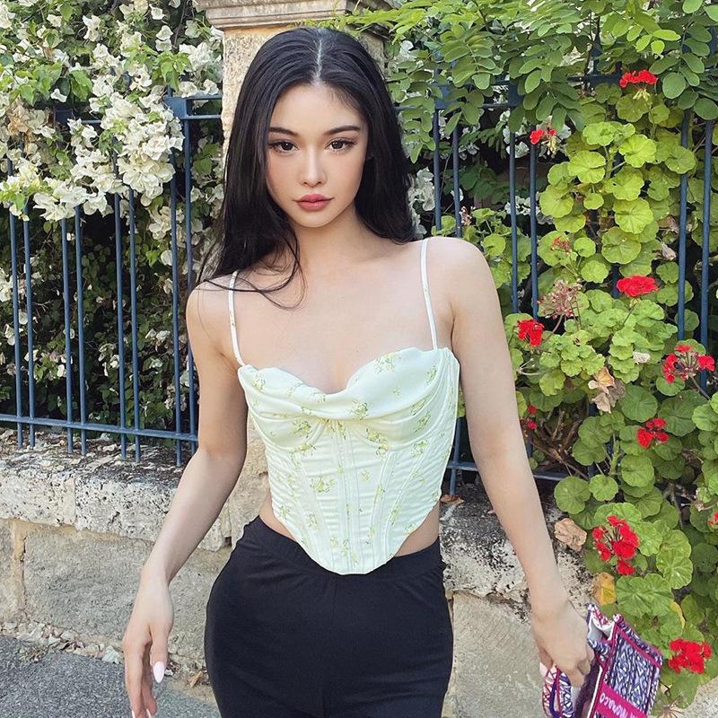 

Women' Tanks & Camis Summer Vacation Sexy Strap Boned Corset Crop Tops For Women 2022 Floral Print Sleeveless Backless Irregular Top Street